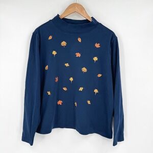 Studio Works Navy Blue Long Sleeve Mock Neck Embroidered Leaf Shirt Women's XL